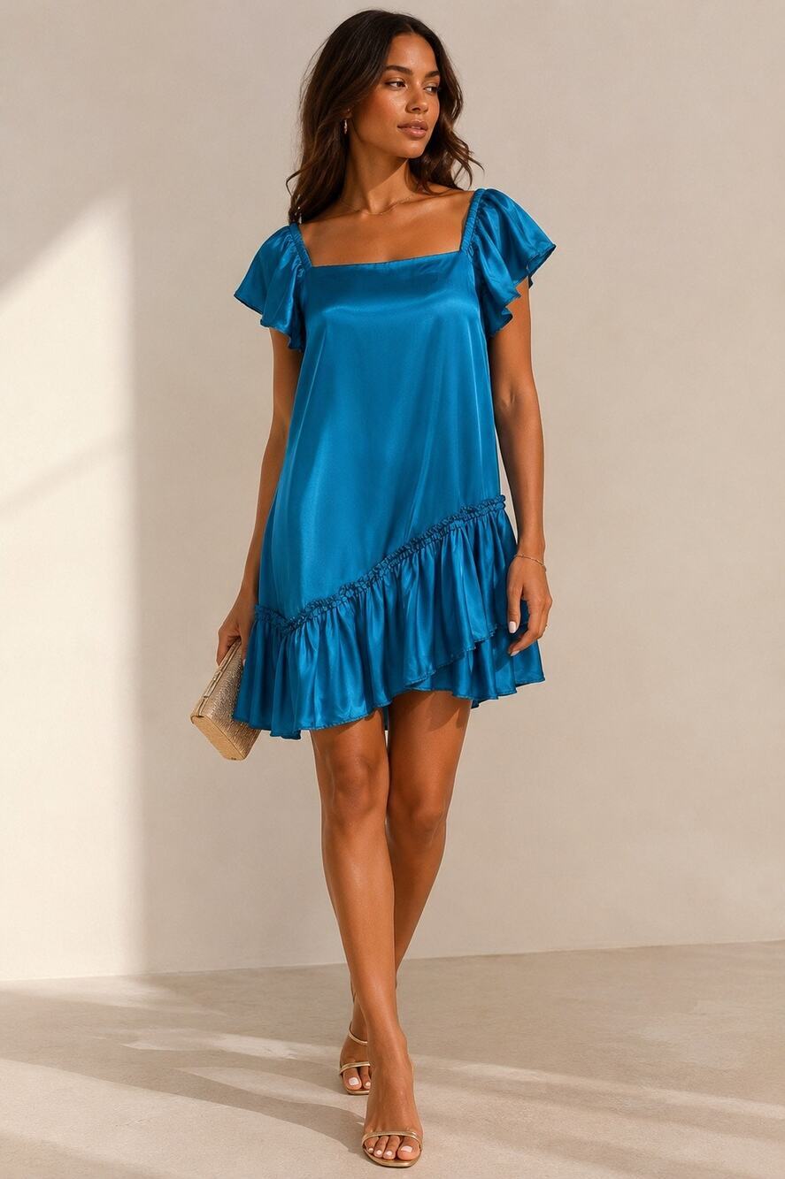 Cinq à Sept Teal Satin Off Shoulder Ruffle Mini Dress Size 2 Cocktail Party